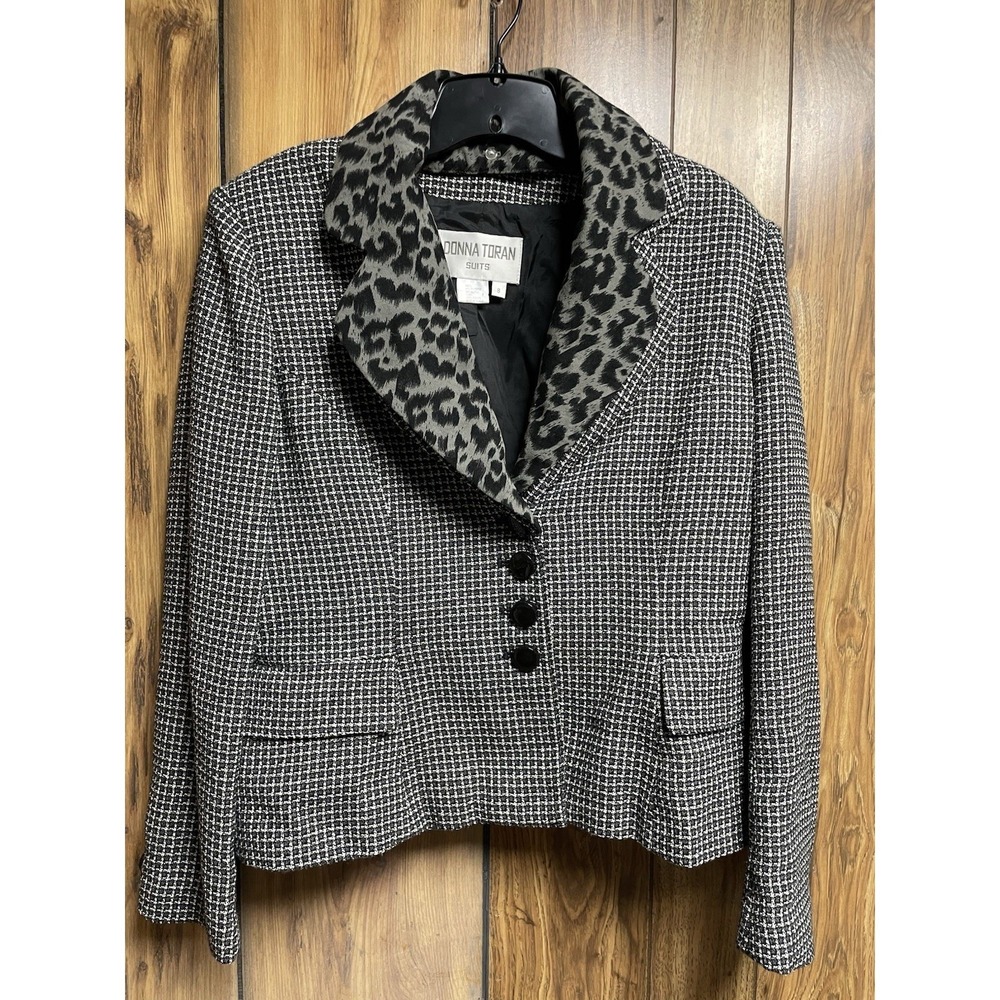 VTG Donna Toran Suit Blazer Black Womens 8 Collar Animal Print Removable